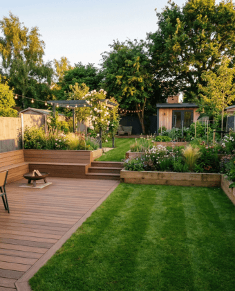Beautiful finished garden with decking and raised flower beds