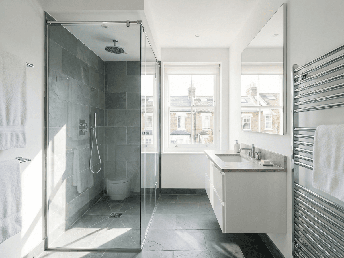 Newly installed modern bathroom with walk-in shower